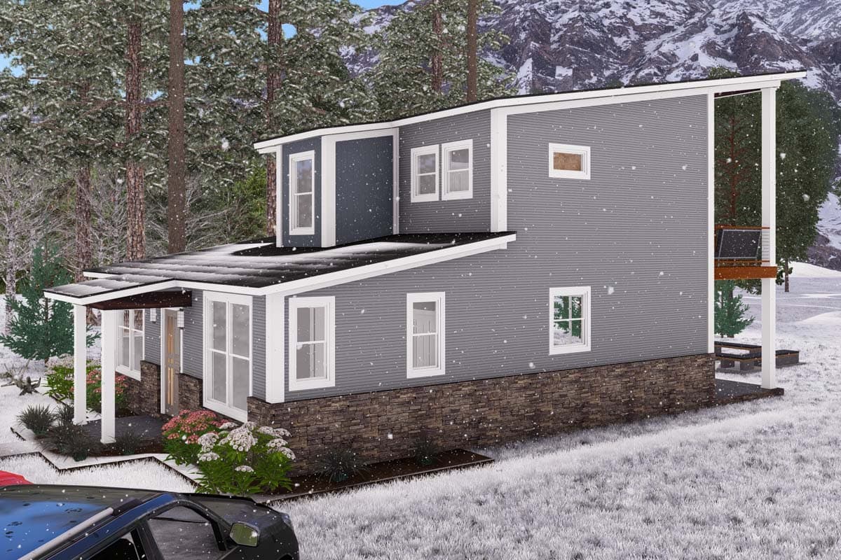 Modern house plan exterior with a shed roof, stone base, covered entry porch, and a rear balcony.