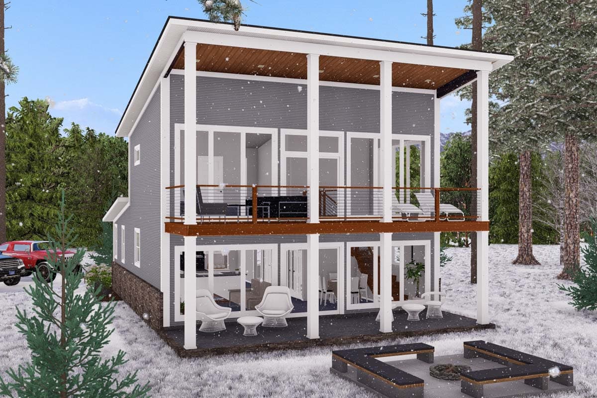 House plan exterior with modern design. Two-story house features multiple balconies, floor-to-ceiling windows, and a flat roof with extended eaves.