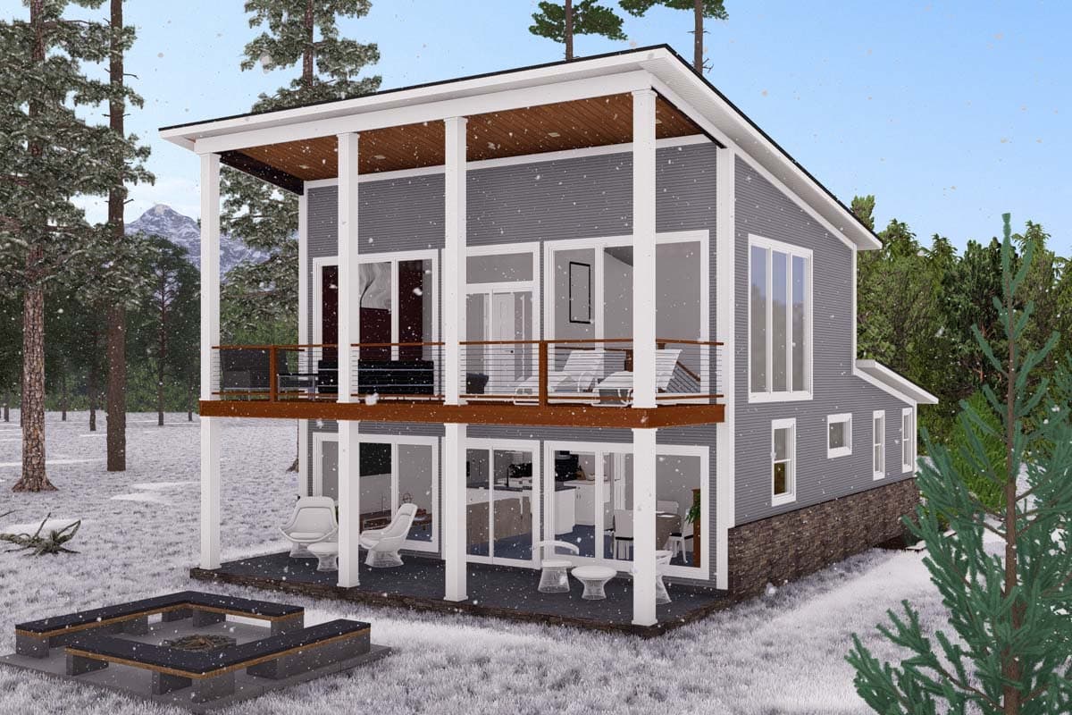 Modern house plan exterior, two stories, with a cantilevered second-floor balcony, large windows, and a flat roof.