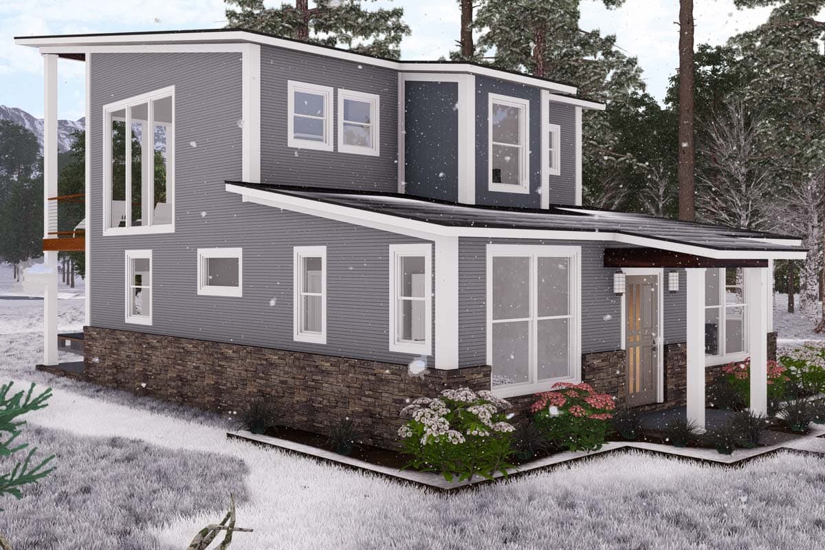 Modern two-story house plan exterior with horizontal siding, stacked stone base, and cantilevered rooflines.