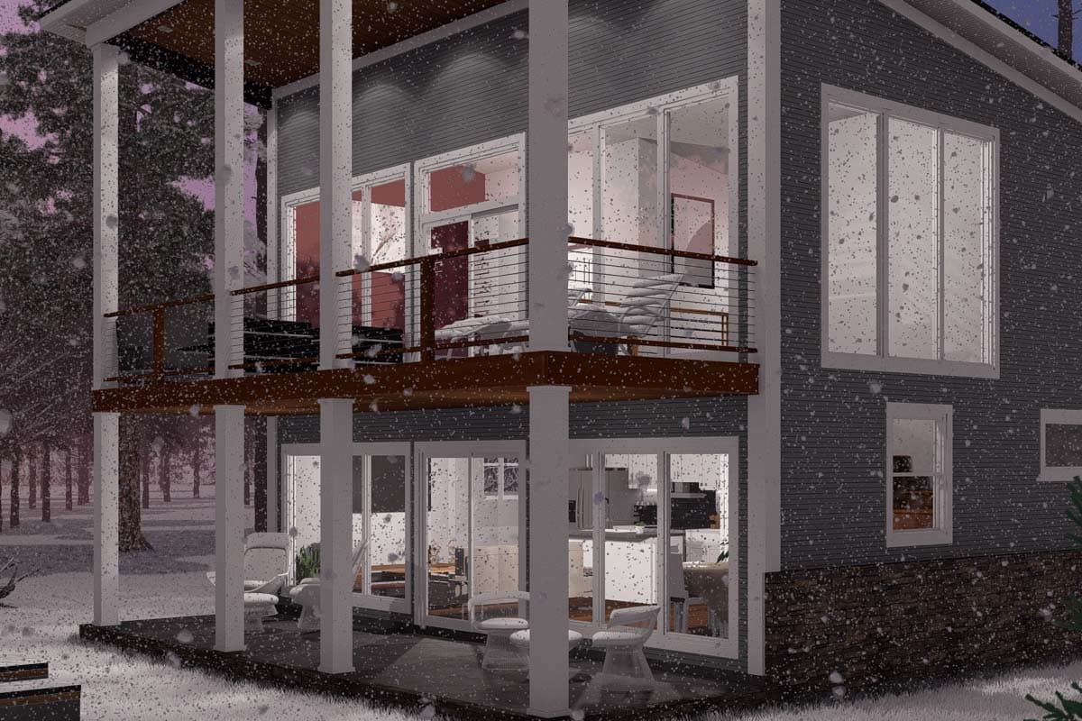 Modern house plan exterior with two stories, large windows, a second-story deck, and a covered ground-level patio.