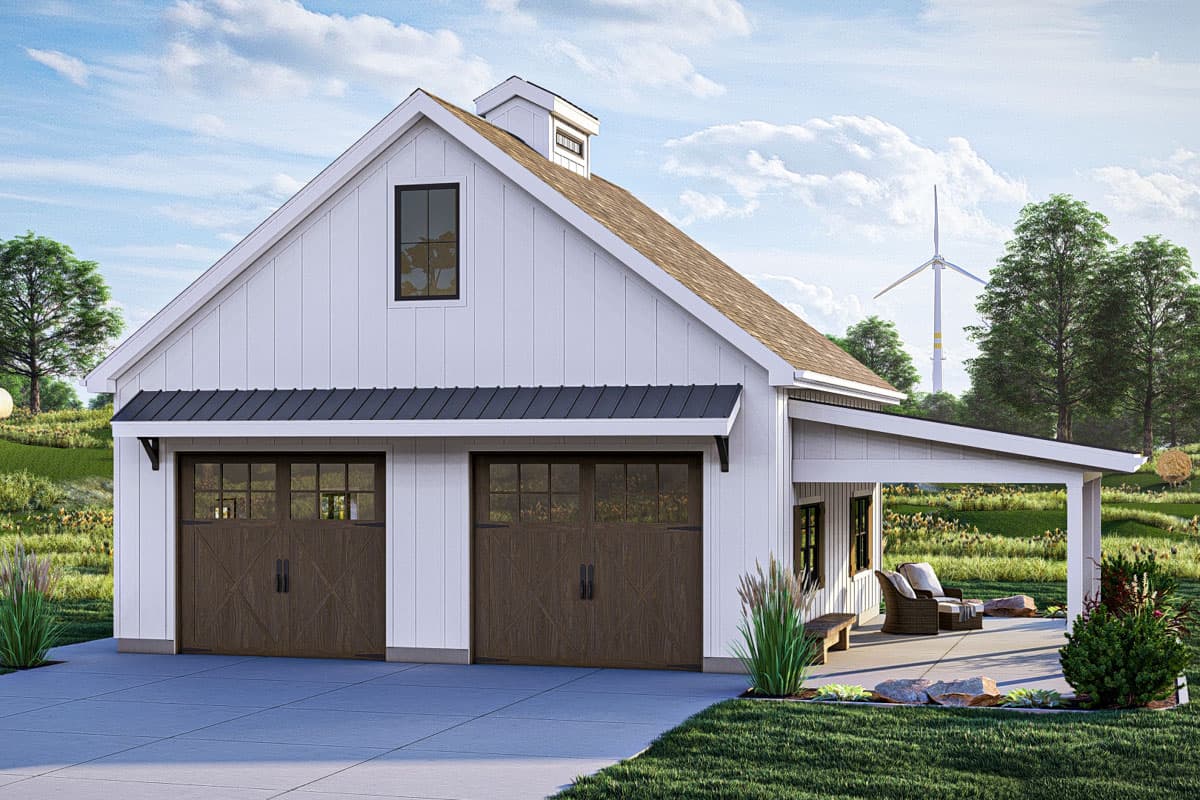 House plan exterior. Modern farmhouse style with a two-car garage. Features include a gable roof, covered porch, and a dormer window.