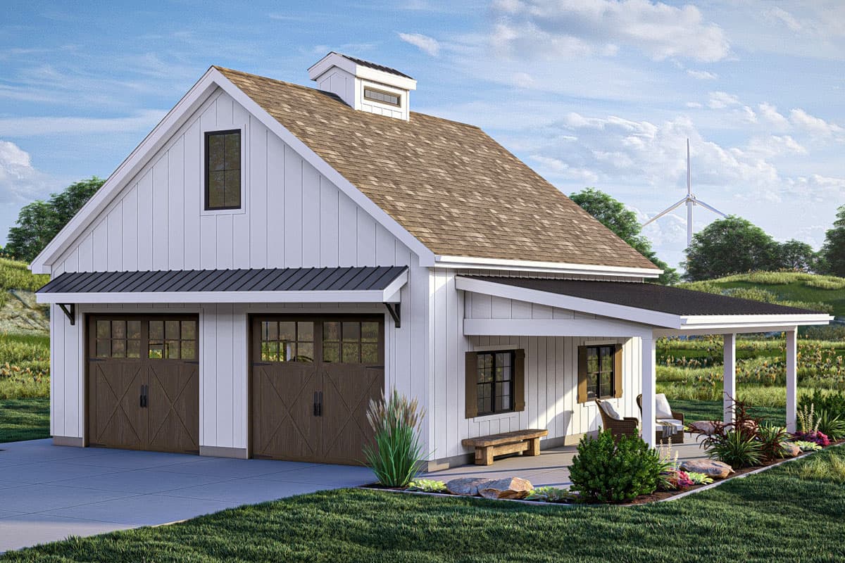 Modern Farmhouse house plan exterior with two garage doors, covered porch, and dormer.
