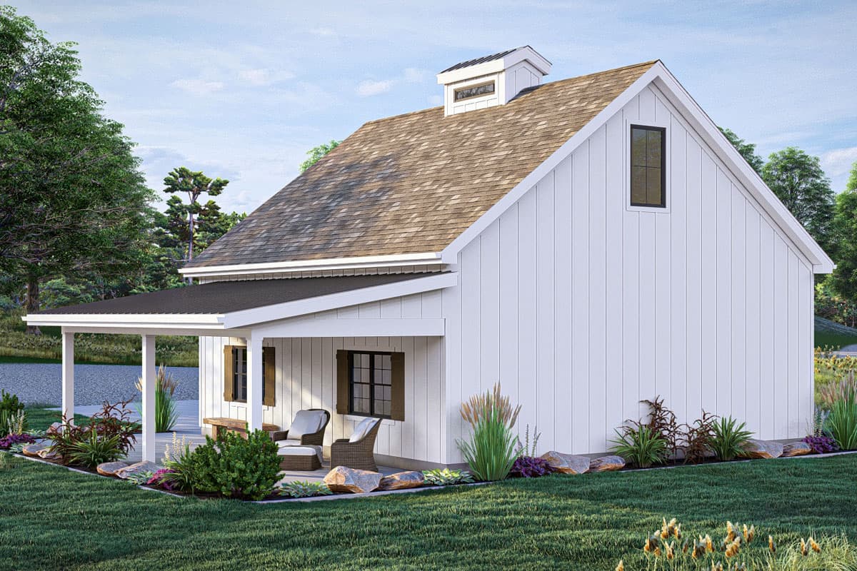 Modern Farmhouse house plan exterior with board-and-batten siding, covered porch, gabled dormer, and large gable end.