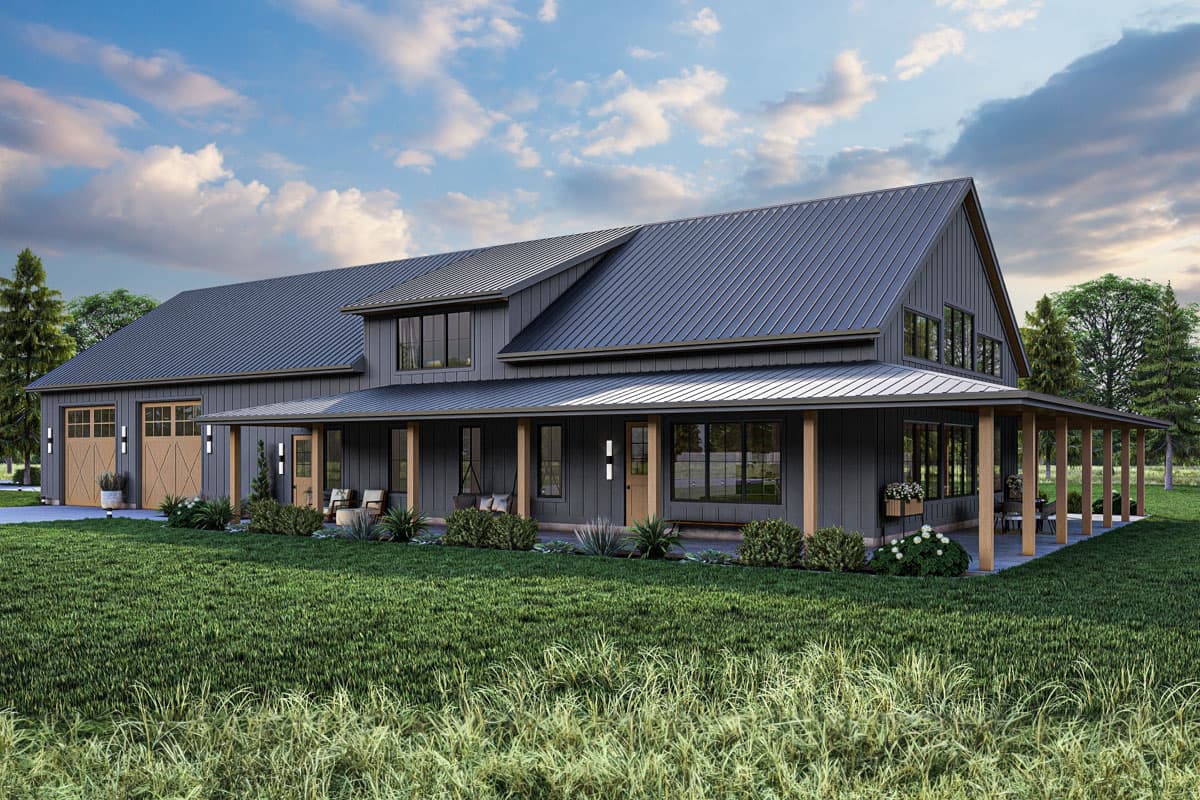 House plan exterior featuring a Modern Farmhouse style with a two-story structure, porch, and a gable roof with a metal finish.