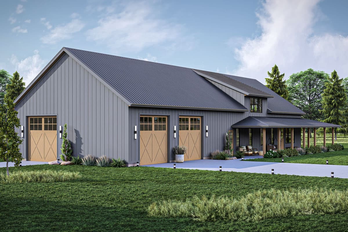 Modern Farmhouse house plan exterior with three garage bays, metal roof, and covered front porch with timber posts.