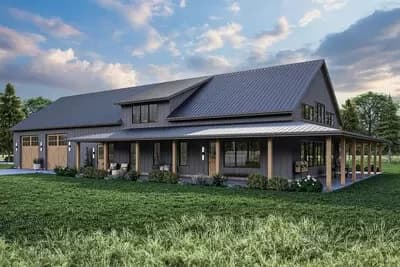 3-Bed Barndominium-style House Plan with Wrap Around Porch and Loft Above - 3176 Sq Ft