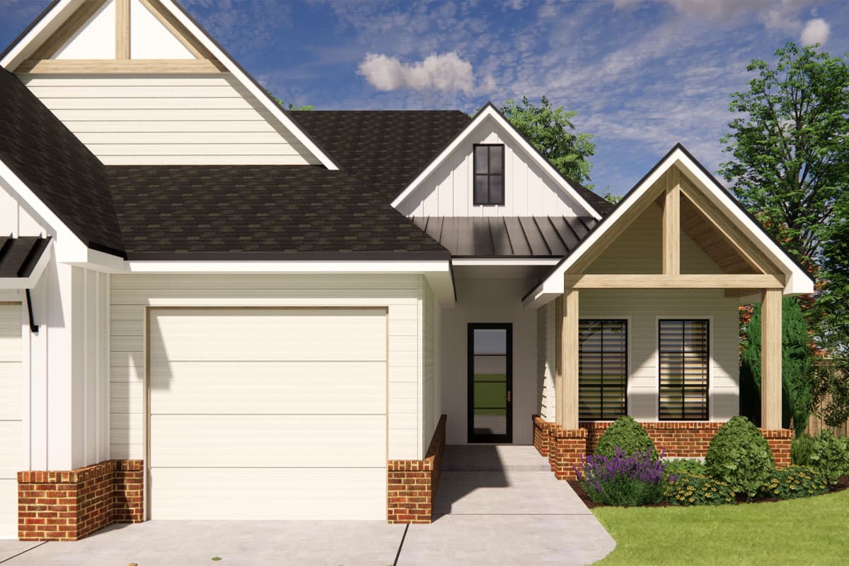 Modern Farmhouse house plan exterior with side-entry garage, gable dormer, and covered porch with exposed beams.