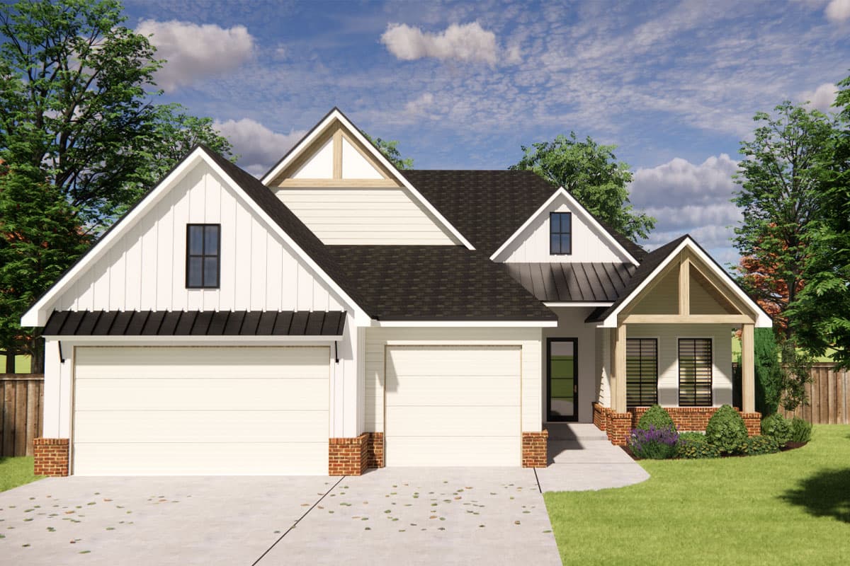House plan exterior with two-car garage, multiple gables, and a front porch with exposed beams. Modern Farmhouse style with vertical siding.