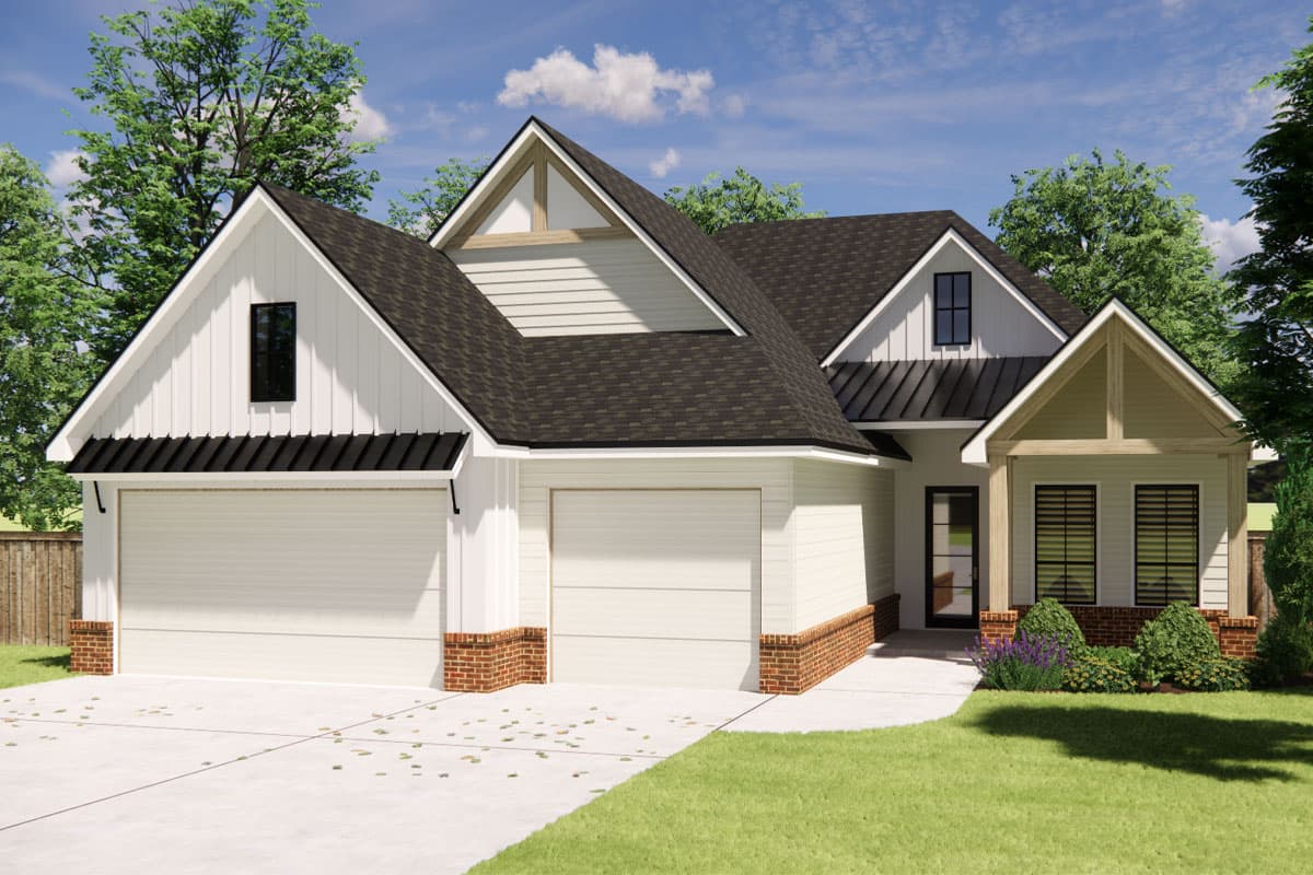 Modern Farmhouse house plan exterior with a three-car garage, gables, dormers, and brick accents.