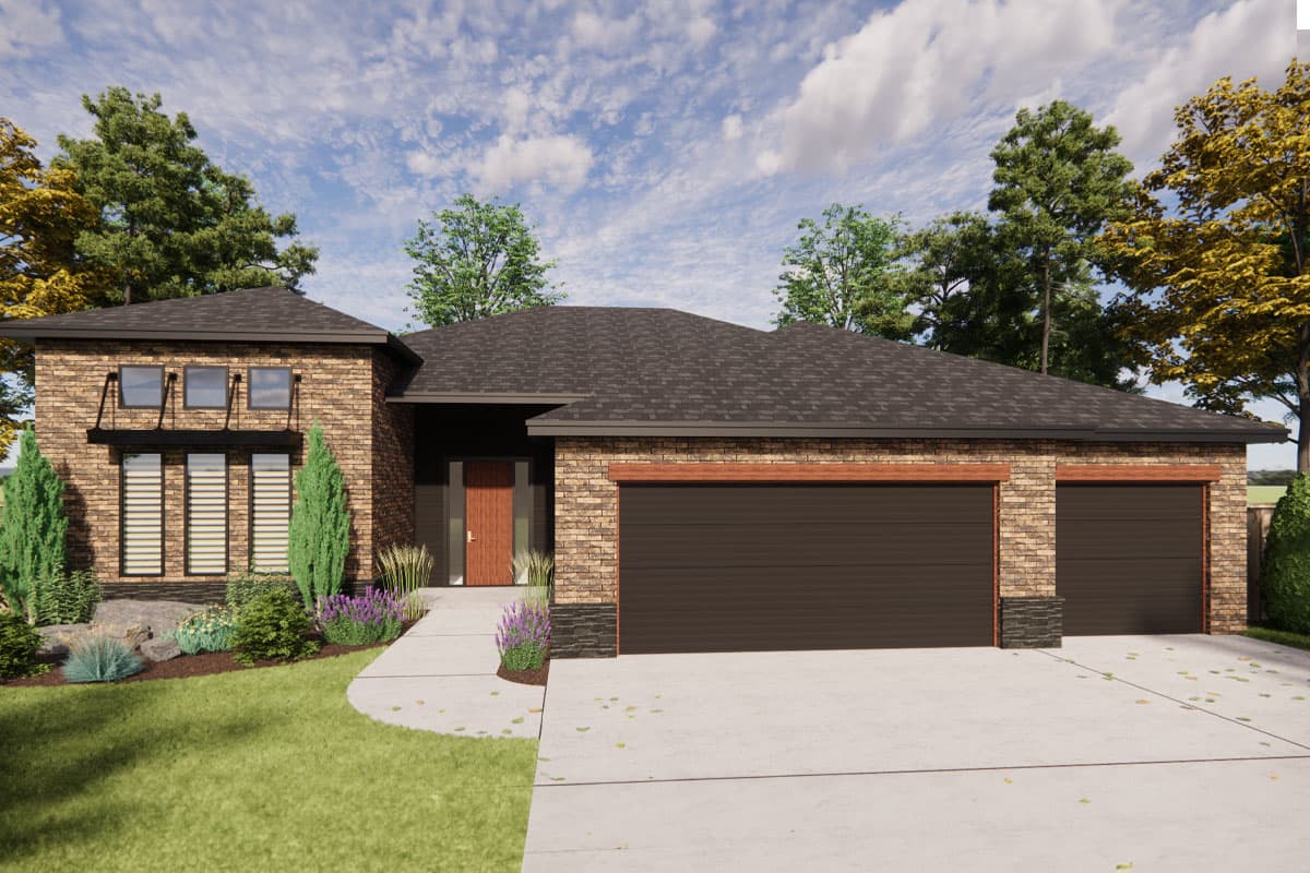 House plan exterior with stone veneer, flat roof, and two-car garage. Features include multi-pane windows and a covered entry.