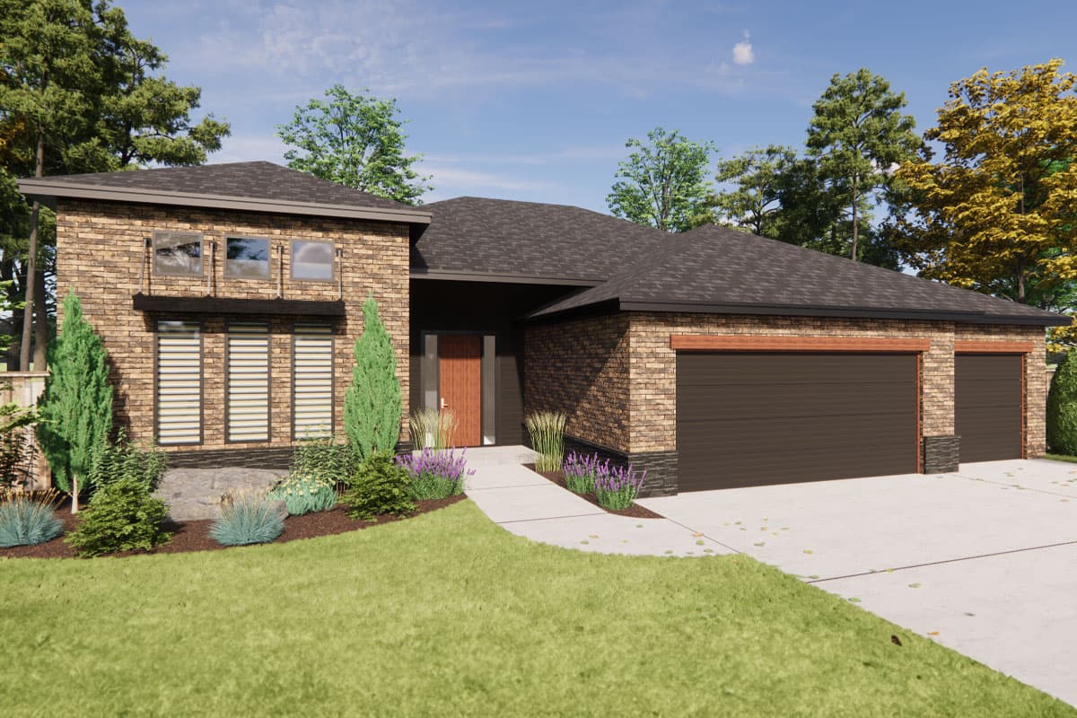 House plan exterior: Single-story modern home with brick facade, dark gabled roof, and a three-car garage.