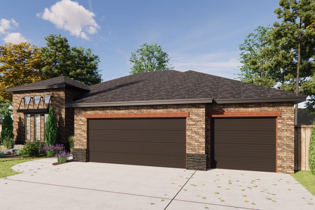 House plan exterior: Ranch-style, single-story home with brick facade, gable roof, and attached two-car garage.