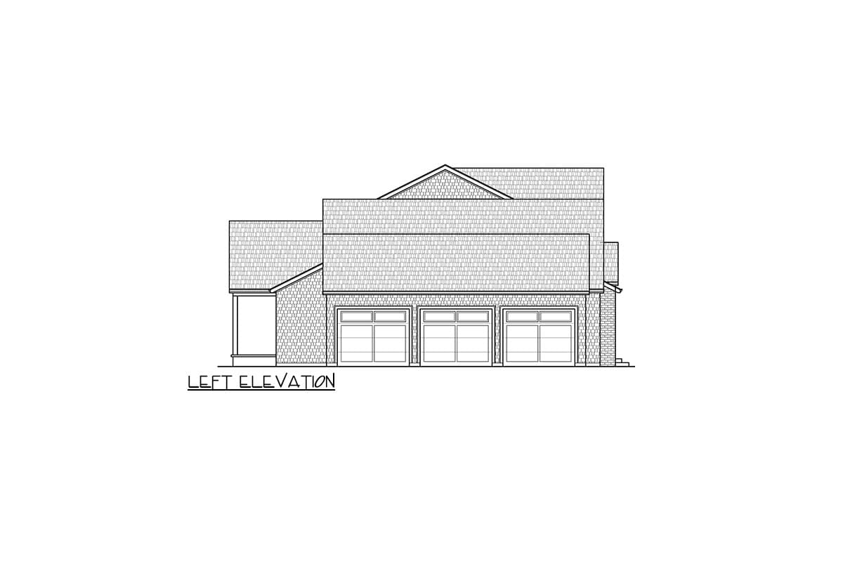 Left elevation drawing of house plan featuring a three-car garage and varied rooflines.