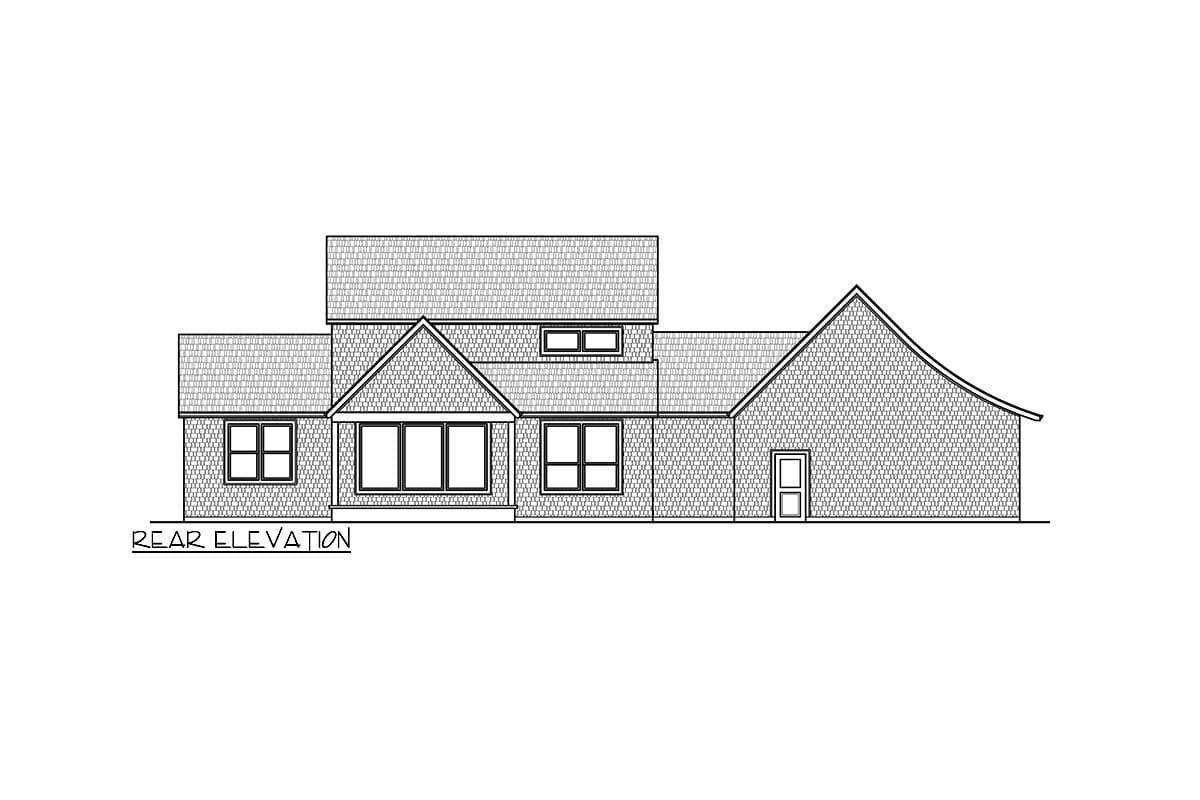 Rear elevation drawing of a house plan featuring gabled dormers, multiple windows, and a single door.