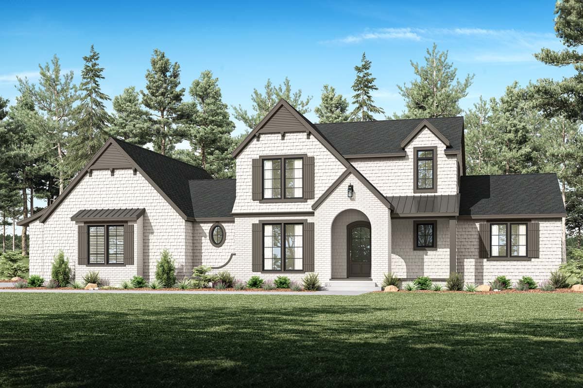House plan exterior. Two-story, Craftsman-style home with gabled roof, arched entryway, and various dormers and window shutters.