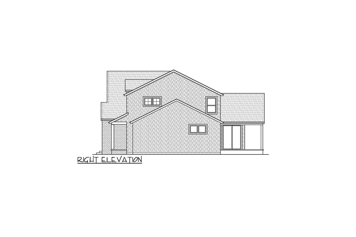 Right elevation house plan showing two stories, gabled rooflines, dormers, and a covered porch.