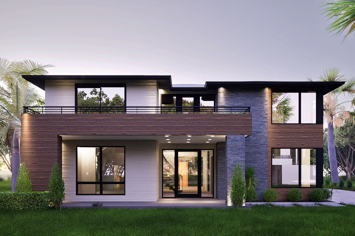 Modern house plan exterior with two stories, flat roof, balcony, wood siding, and stone accents.