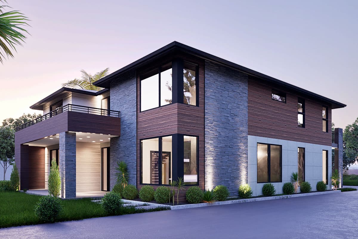 Two-story modern house plan exterior with stacked stone, wood siding, large windows, and upper balcony.