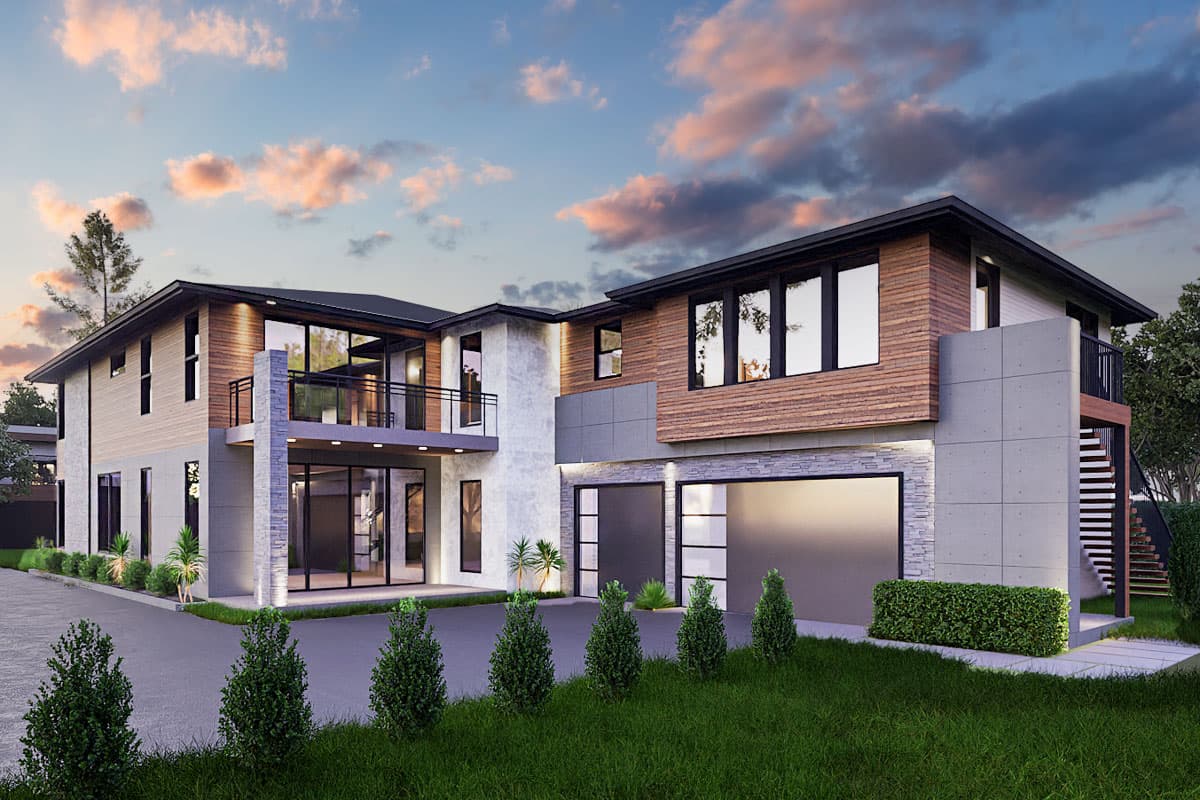 House plan exterior. Two-story Modern house with wood siding, flat roof, and two-car garage. Features include balcony and cantilevered stairs.