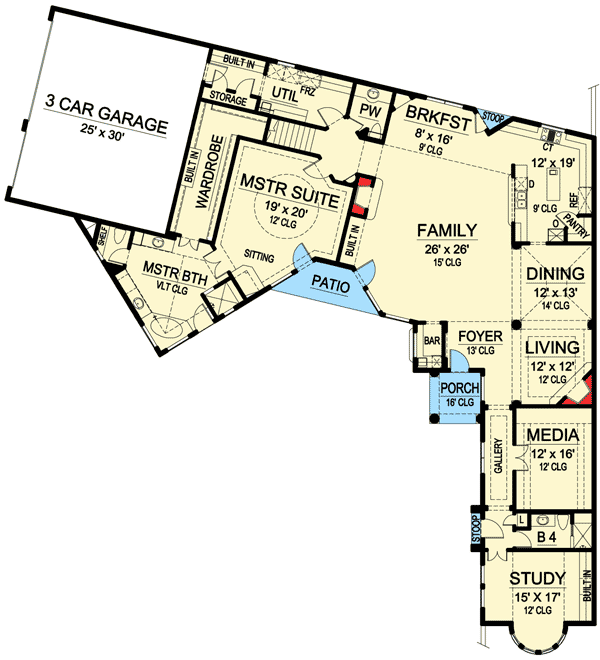 Plan 36235TX: V-Shaped Luxury Home Plan - Floor Plan - Main Level - European, Mediterranean