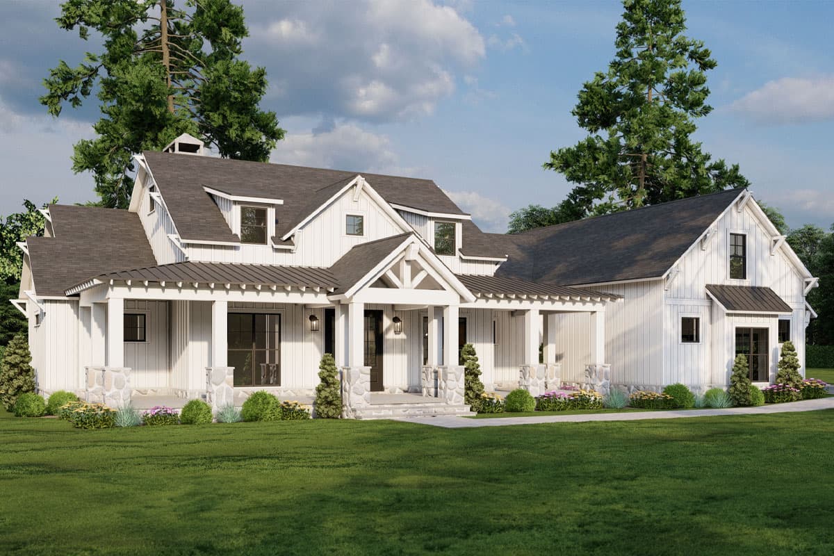 Modern farmhouse house plan exterior with wrap-around porch, dormers, gables, and stone accents.