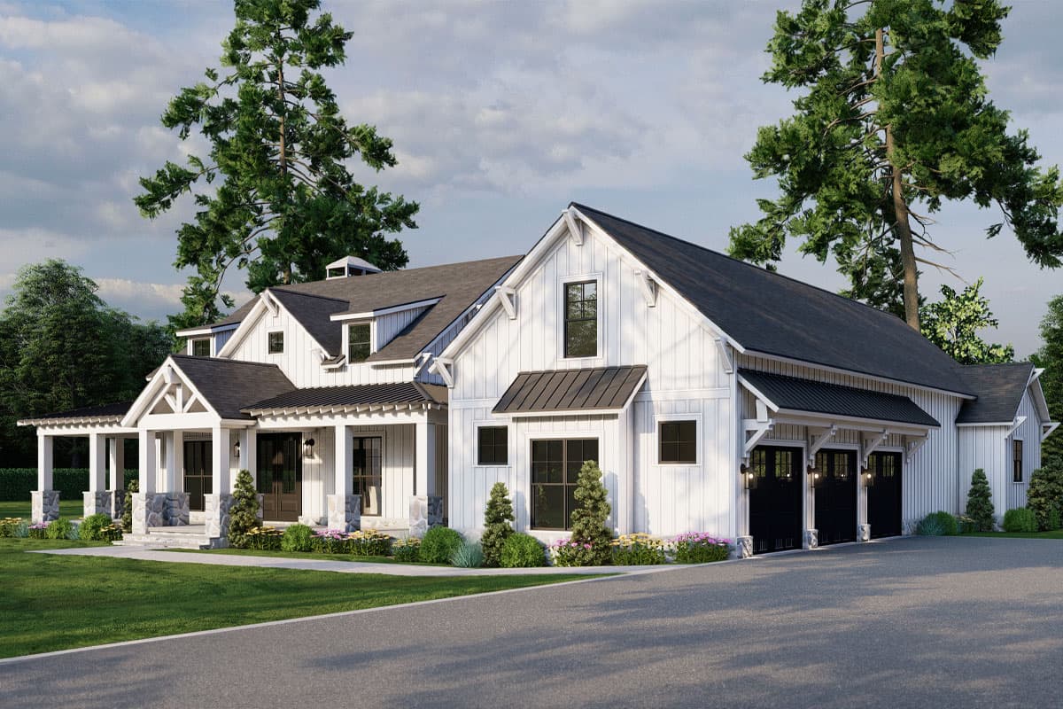 Modern Farmhouse house plan exterior with prominent gables, a wrap-around porch, stone accents, and a three-car side-entry garage.