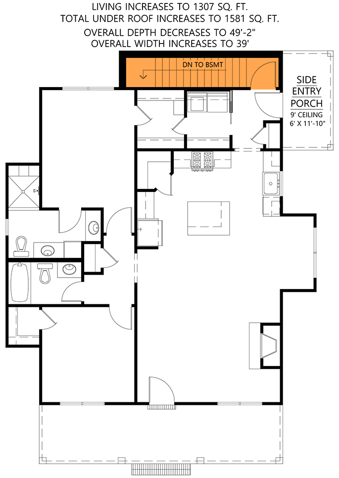 Plan 56545SM: 2-Bed Country Farmhouse Plan Under 1300 Sq Ft  - Floor Plan - Basement Stairs Location - Country, Farmhouse