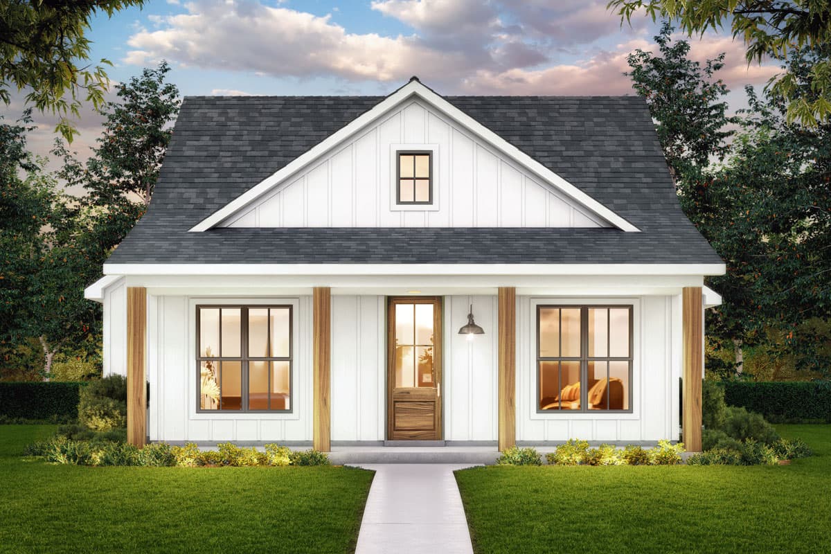 House plan exterior. Modern farmhouse style with gabled roof, small dormer, and front porch supported by columns. One story home.