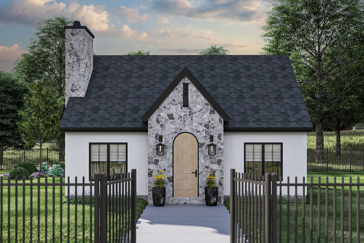 House plan exterior. One-story Cottage style with stone facade around entry. Features include gabled roof, stone chimney, and arched entry door.
