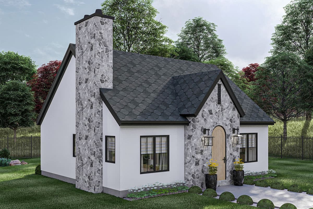 House plan exterior with stone chimney, arched doorway, gabled roof, and dark-trimmed windows.