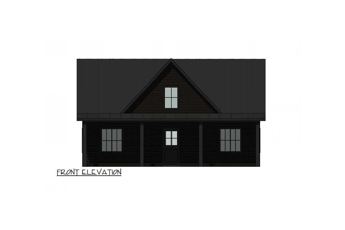 Front elevation drawing of a one-story house with a gabled roof, covered porch, and three windows.