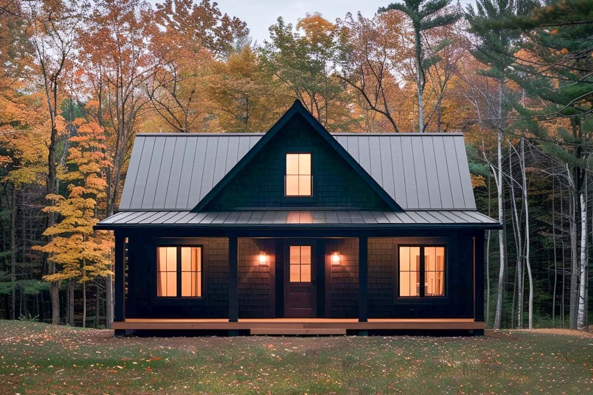 House plan exterior. One-story Craftsman home with a gabled roof, front porch, and dormer. Dark siding and metal roof.