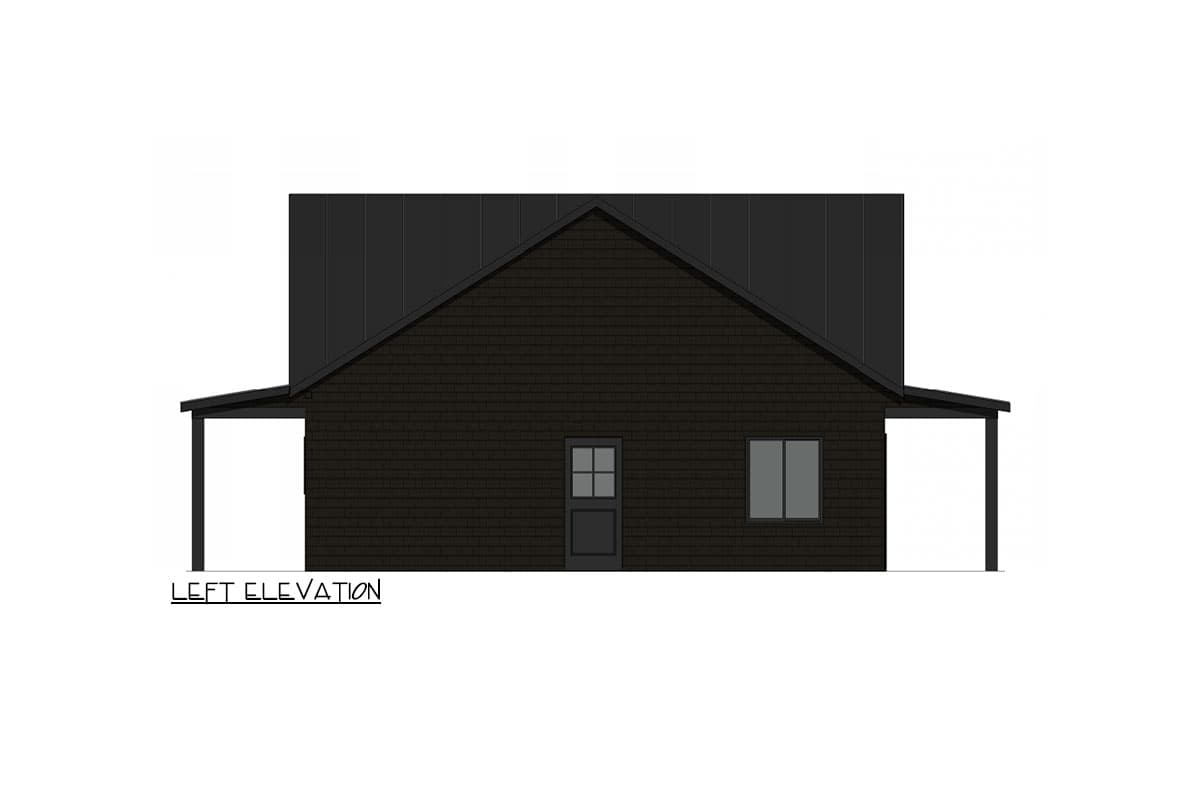 Left elevation house plan showing a one-story structure with a gabled metal roof, shingle siding, a central door, and a window.