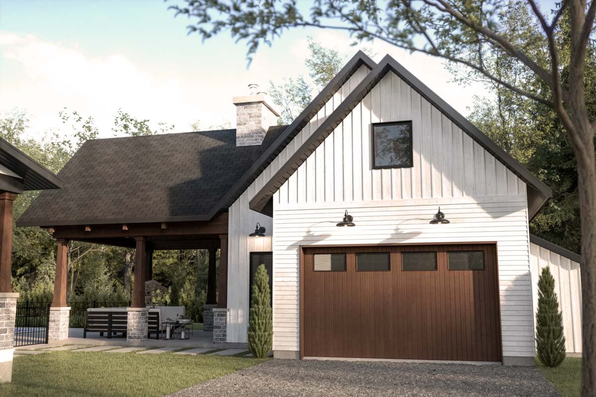 House plan exterior. Modern Farmhouse style with gabled roof, board-and-batten siding, and a two-car garage. Features a covered patio and chimney.