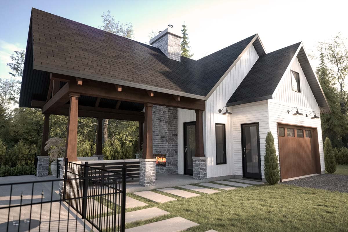 Modern Farmhouse house plan exterior with a covered patio, outdoor fireplace, and attached garage.