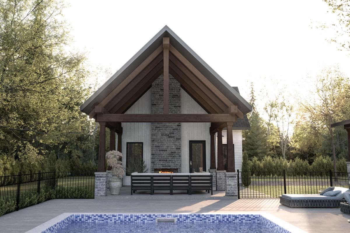 Modern house plan exterior with pitched roof, exposed wood beams, stone accents, and outdoor fireplace.
