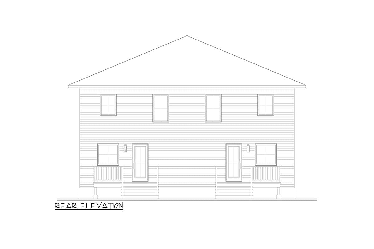 Rear elevation drawing of a two-story house plan with siding, two front doors, and covered porches with stairs.