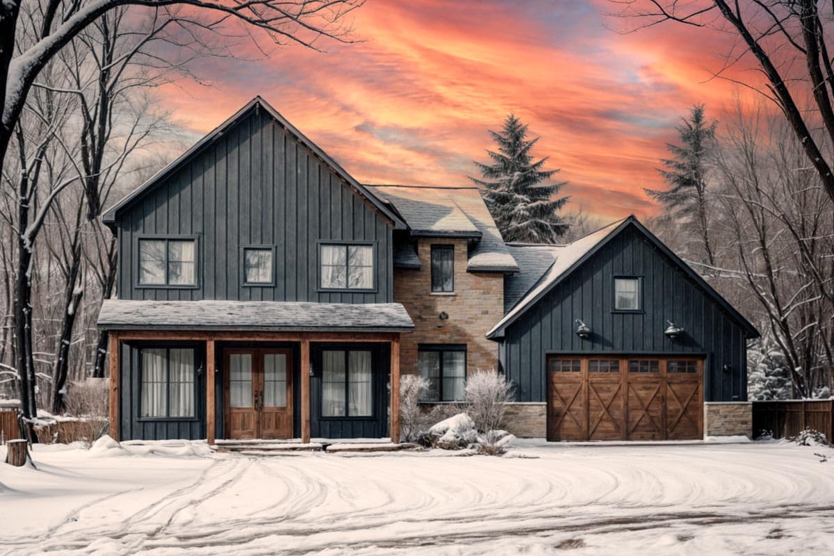 A modern, two-story house with dark siding and wooden doors sits in a snowy landscape under a vibrant orange and pink sunset sky.