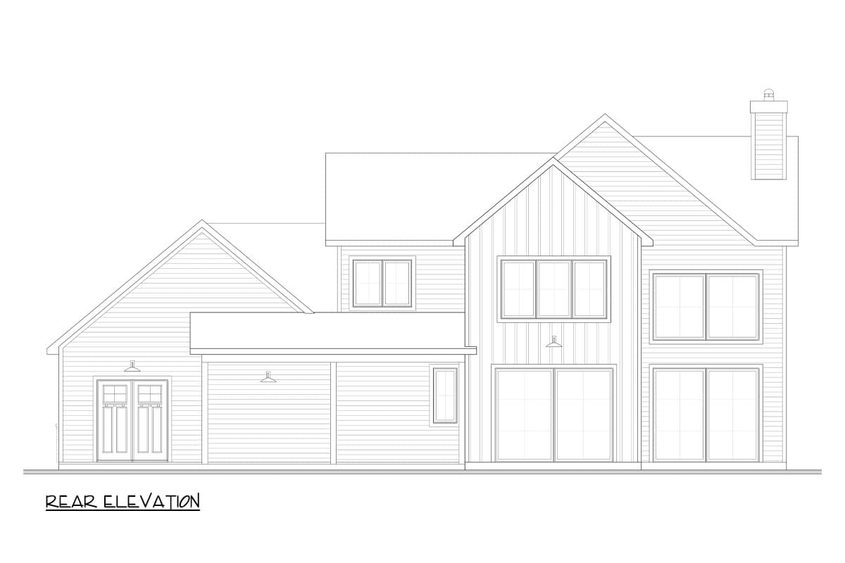 Rear elevation drawing of a modern house, showing the back with multiple windows, sliding glass doors, and a chimney on a gabled roof.