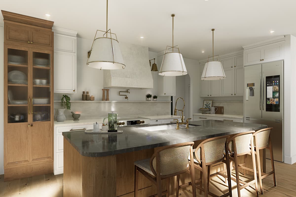 Modern kitchen with large island, pendant lights, and bar stools. A glass-fronted cabinet and stainless steel fridge are also visible.