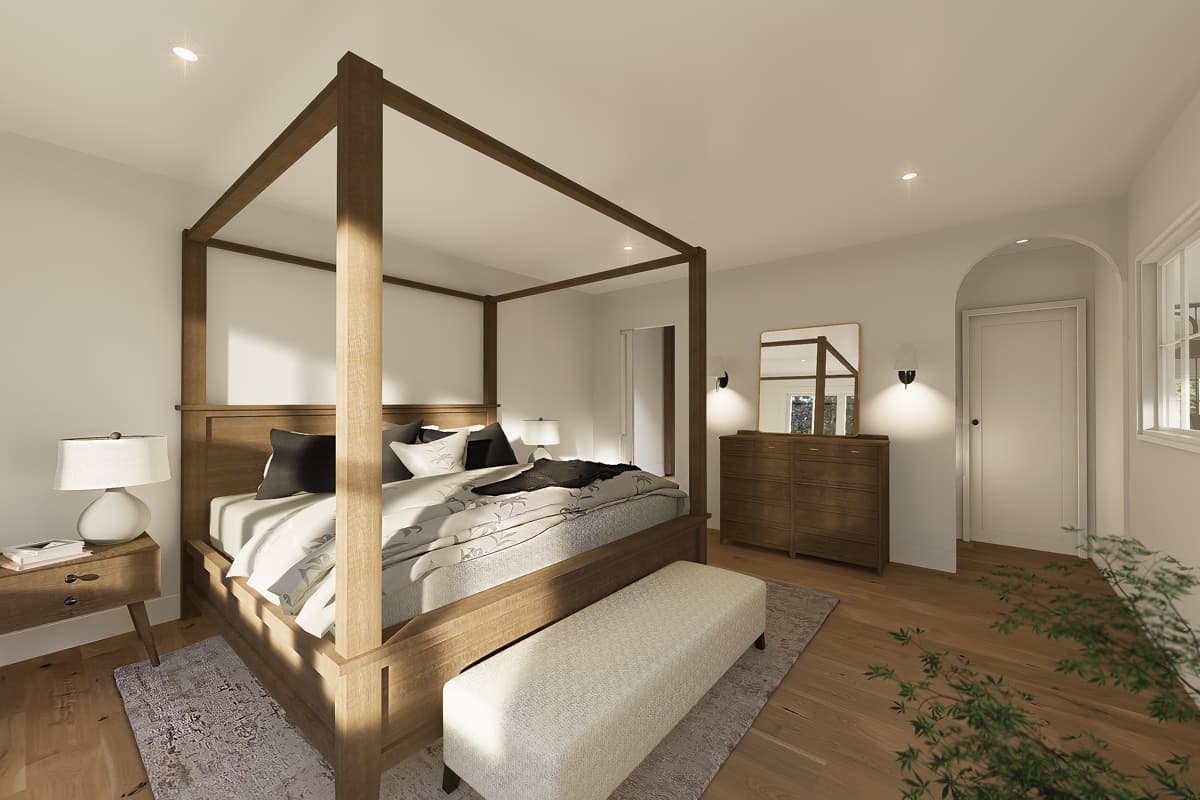 A modern bedroom with a large wooden four-poster bed as the focal point. Light-colored bedding, a bench, and dresser complete the stylish room.