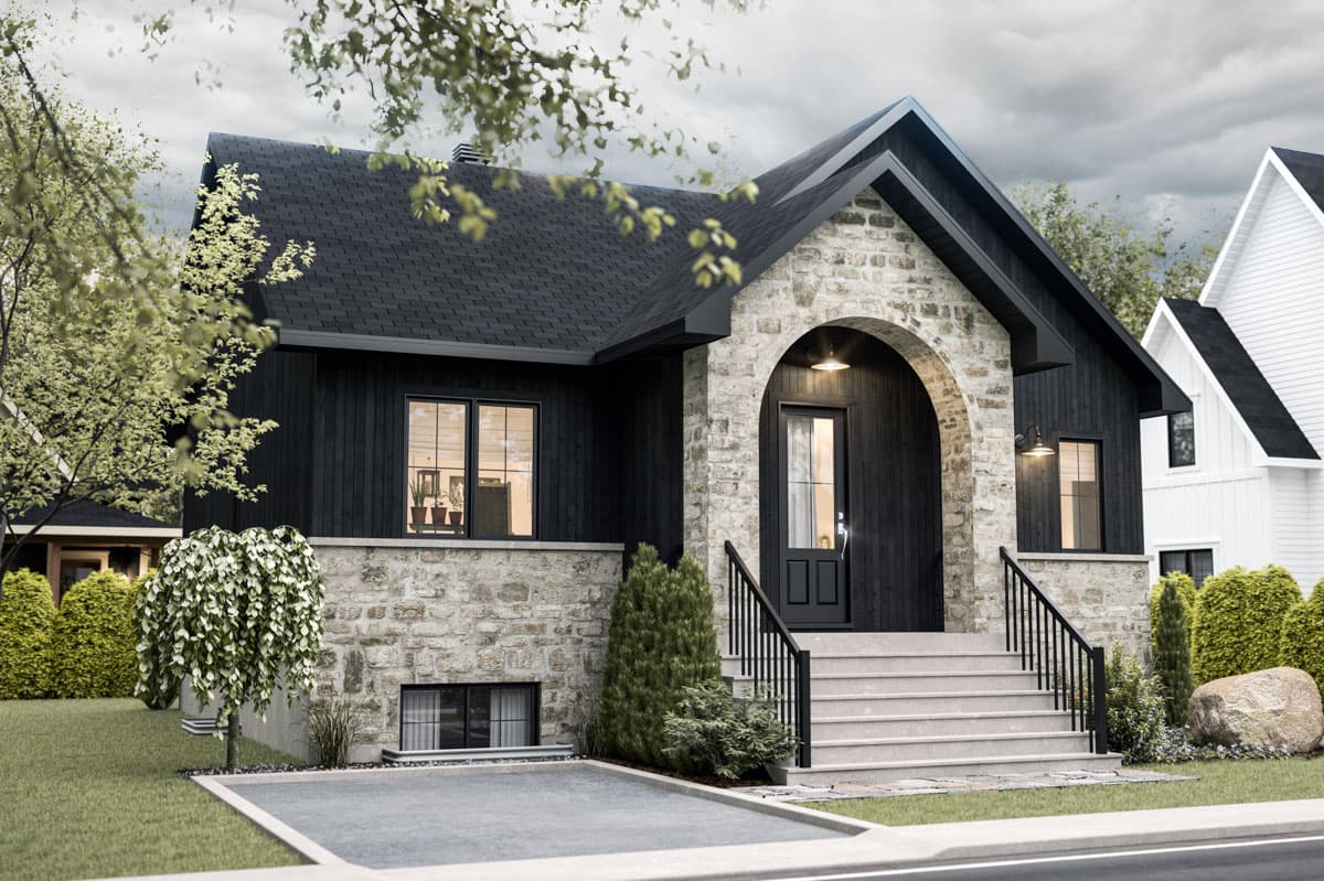 House plan exterior with stone facade, arched entryway, black gabled roof, and staircase leading to the front door.