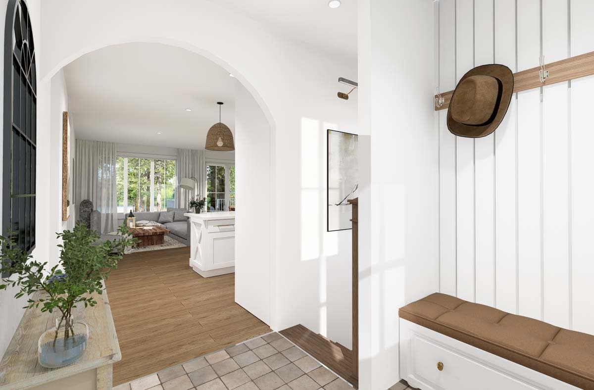 Entryway with arched opening to living area, bench seating, and hat hooks. House plan rendering.