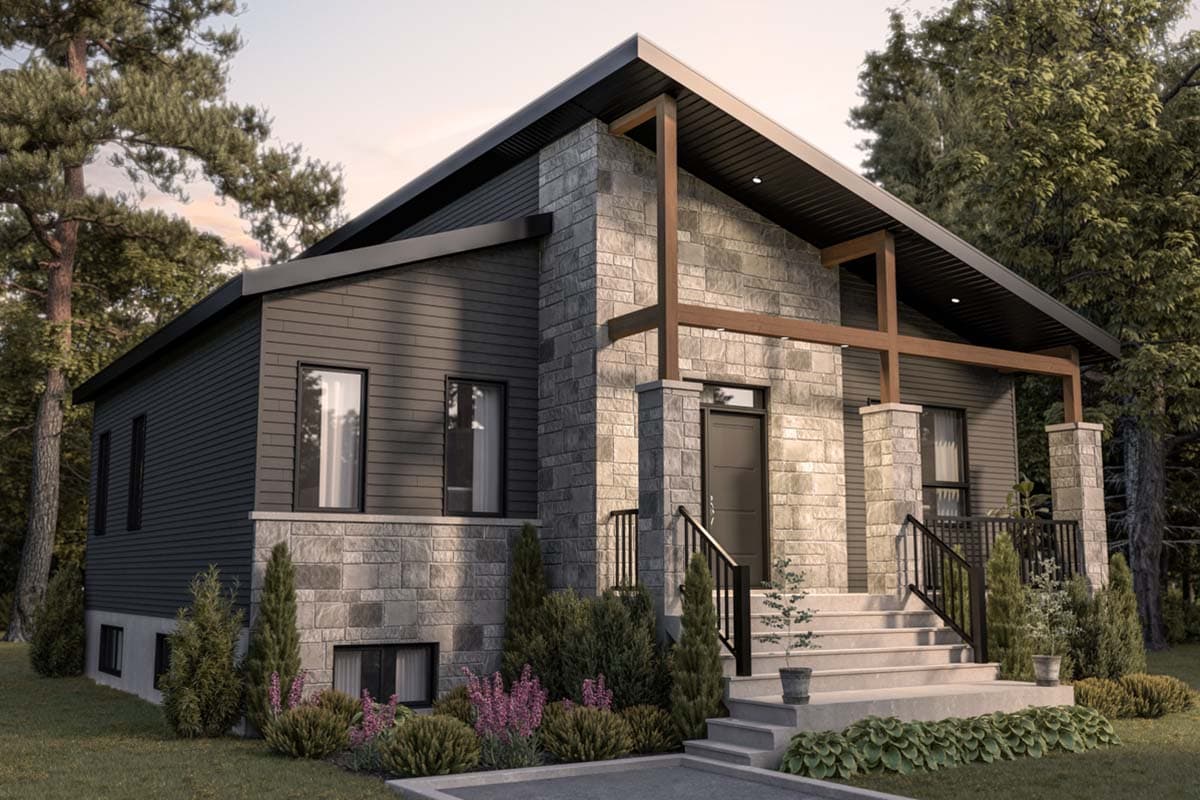 House plan exterior with a modern design, featuring stone and siding, a prominent gable roof, and an open covered porch.