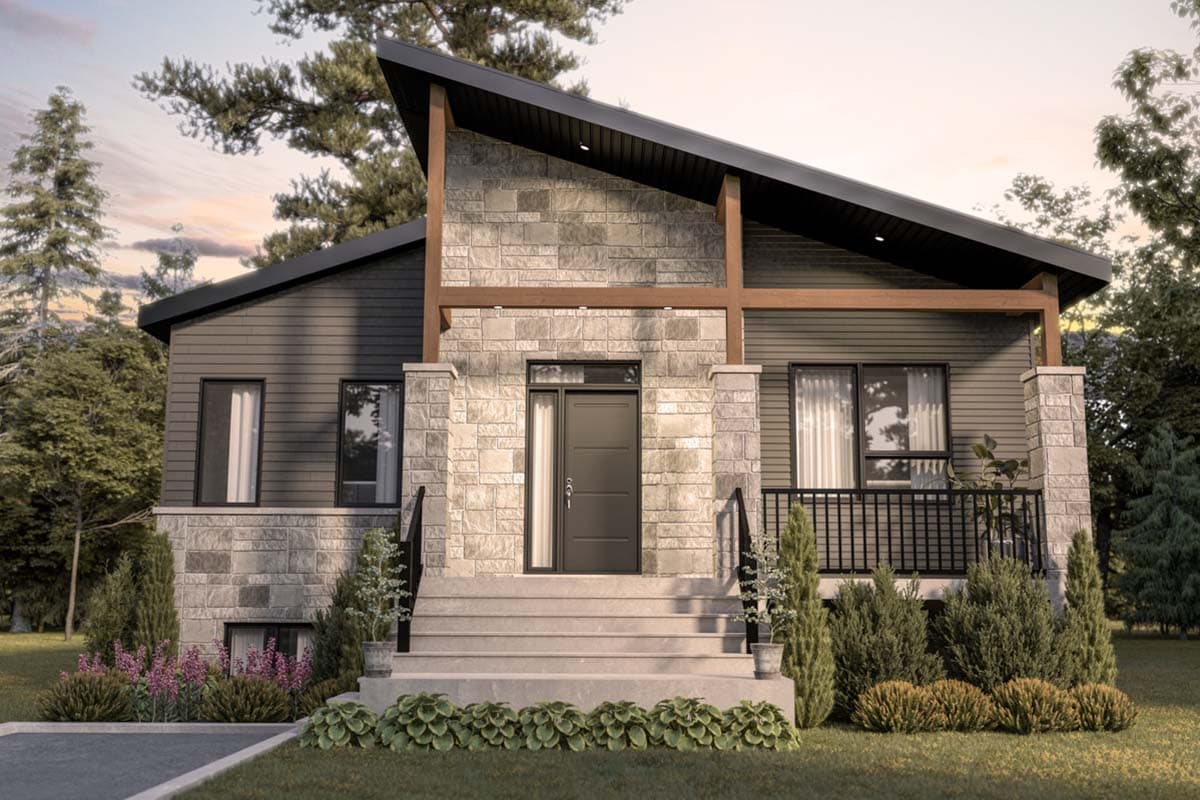 House plan exterior with stone veneer facade, asymmetrical roofline, and entry porch with steps and railing.