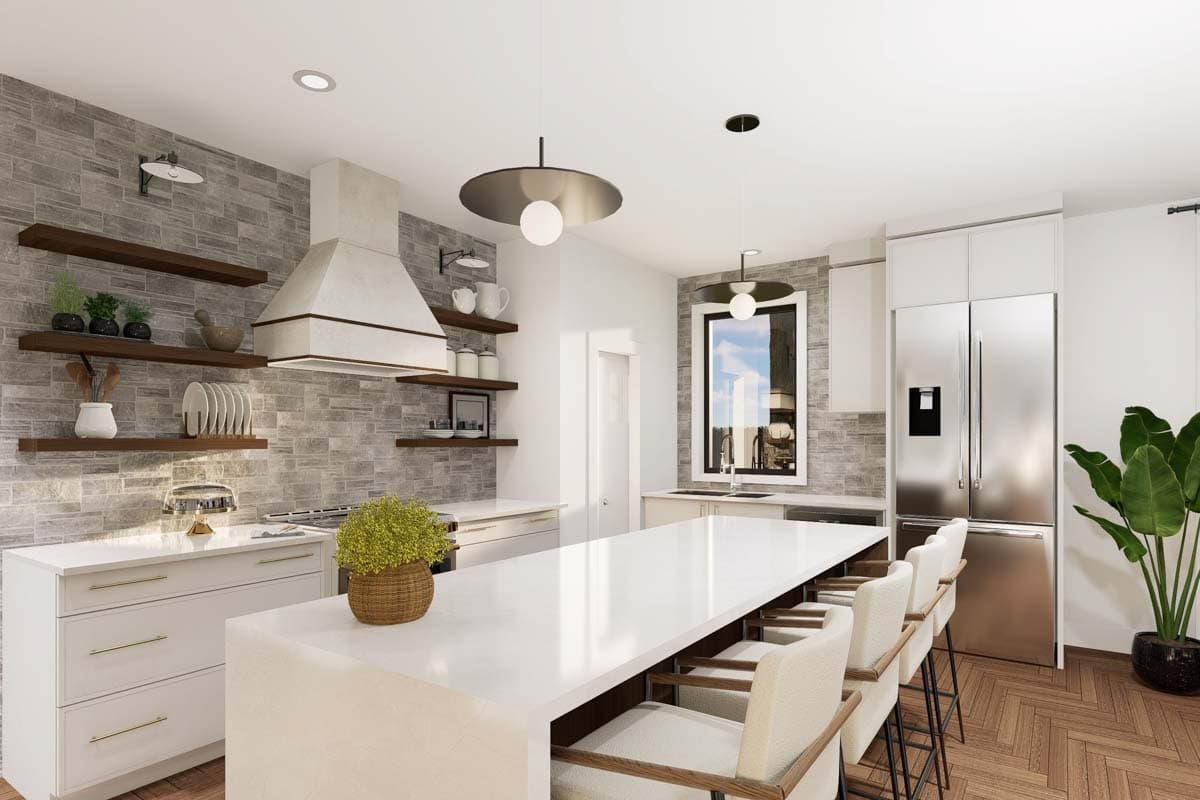 Modern kitchen with a long island, stainless steel appliances, tiled backsplash, and open shelving.