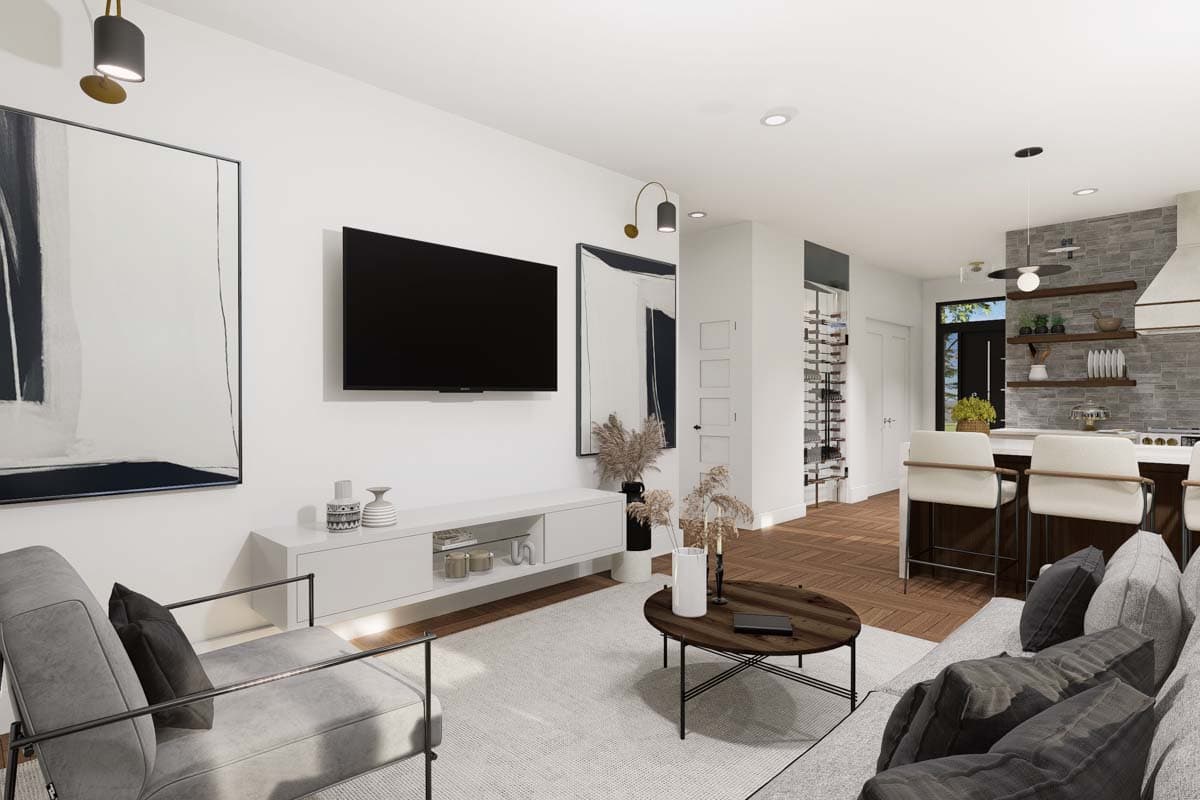 Interior rendering of an open-concept living and kitchen area with a large TV, island seating, and modern decor.