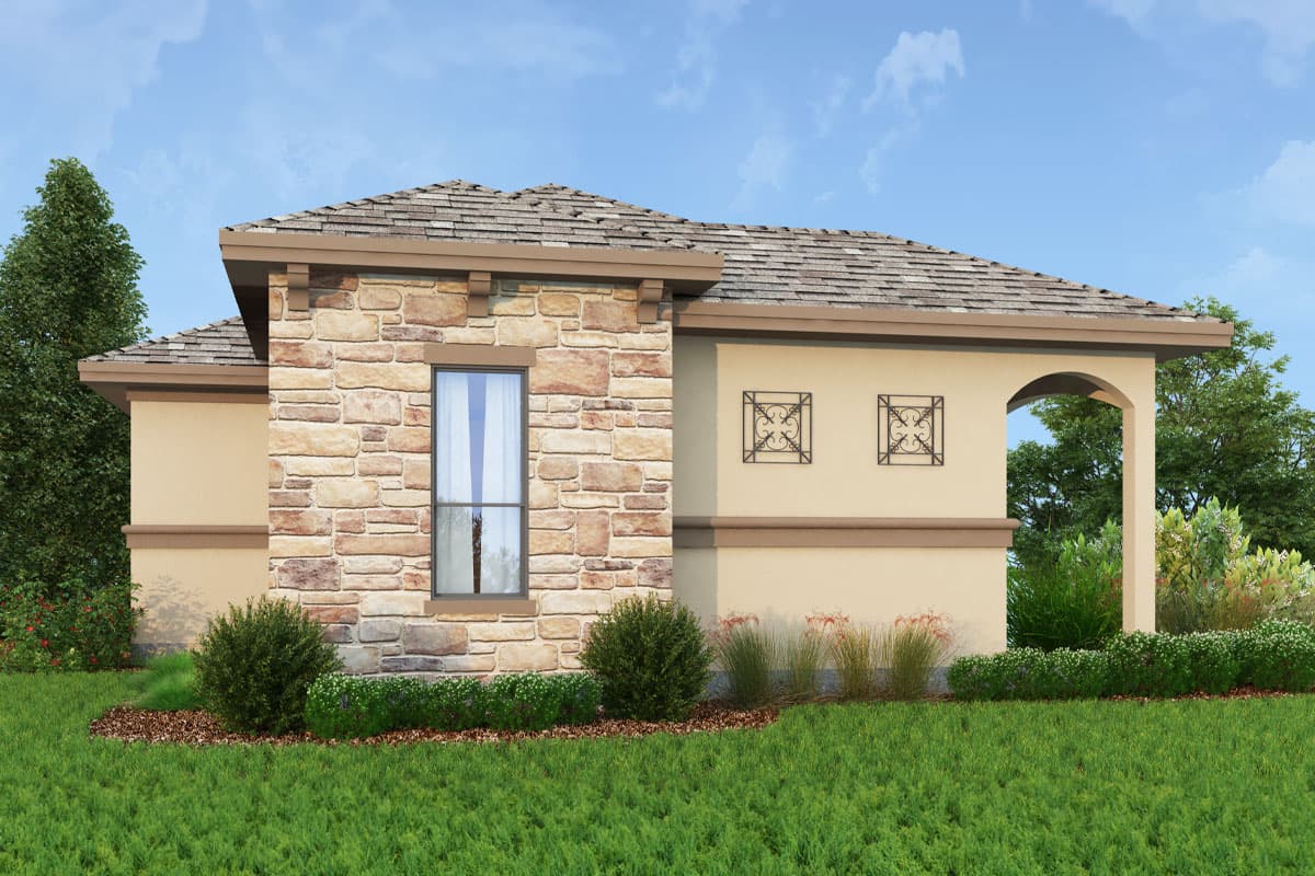 House plan exterior with stone veneer, arched entry, and low-pitched roof. Features decorative ironwork and a single large window.