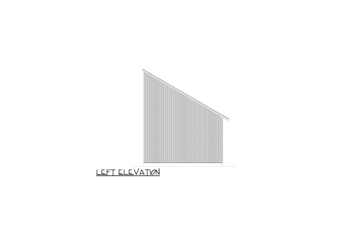 Floor plan drawing, left elevation showing vertical siding and a shed roofline.